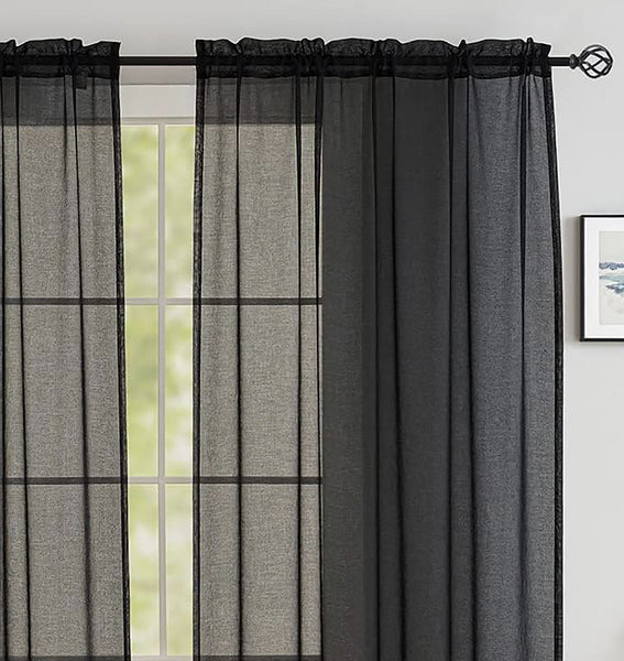 Black Sheer Window Rod Pocket Curtain Set 90" Inches Long (2 Panels)