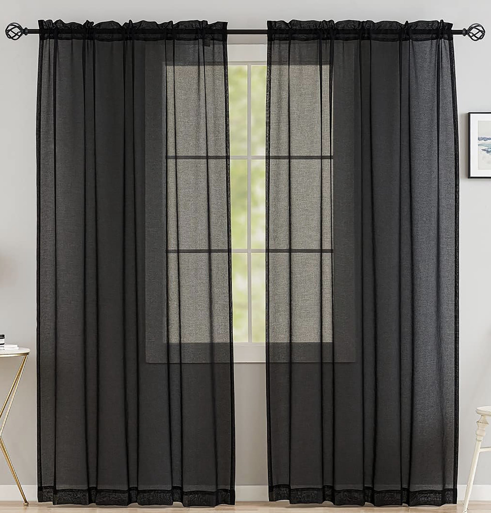 Black Sheer Window Rod Pocket Curtain Set 90" Inches Long (2 Panels)