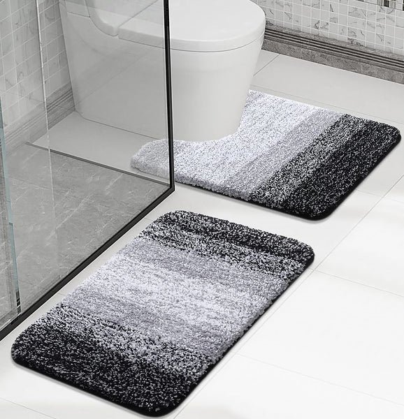 Large 2 Piece Black Grey Ombre Microfiber Soft Thick Plush Bath Mat Set