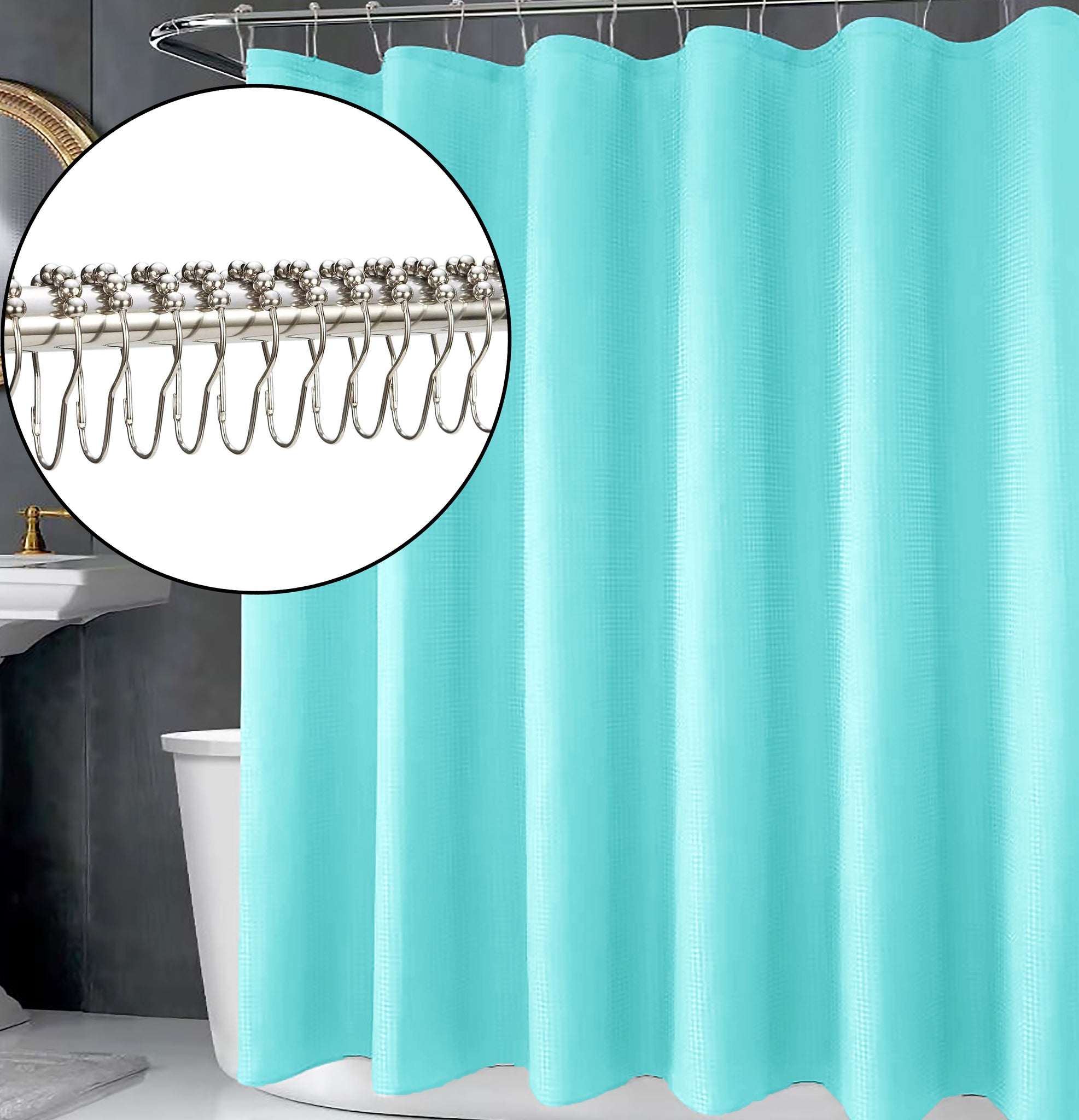 71" x 71" - Blue Fabric Textured Glam luxury Shower Curtain With 12 Metal Hooks