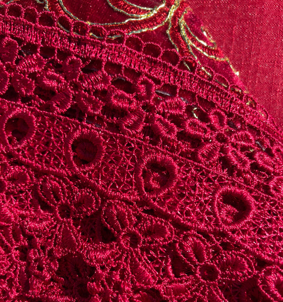 Burgundy Red Floral Embroidery Kitchen Curtain 3PC Set Swag & Tiers Set