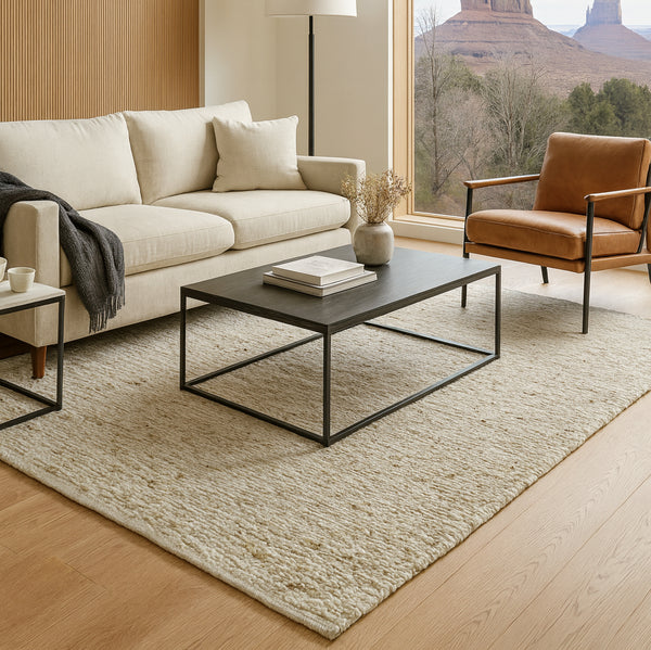 Ivory Beige Wool Handmade Modern Minimal Flatweave Area Rug