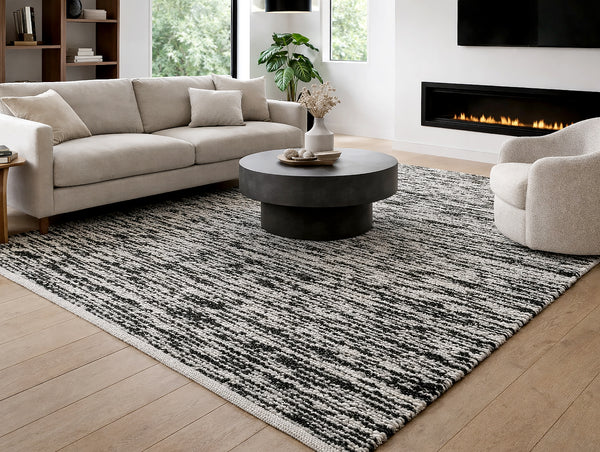 Black White Wool Handmade Modern Minimal Flatweave Area Rug