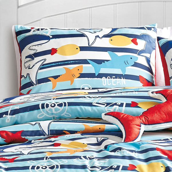 Twin Size Blue Sharks Fish Sea Life Kids Comforter Set Embroidery Soft Bedding Set
