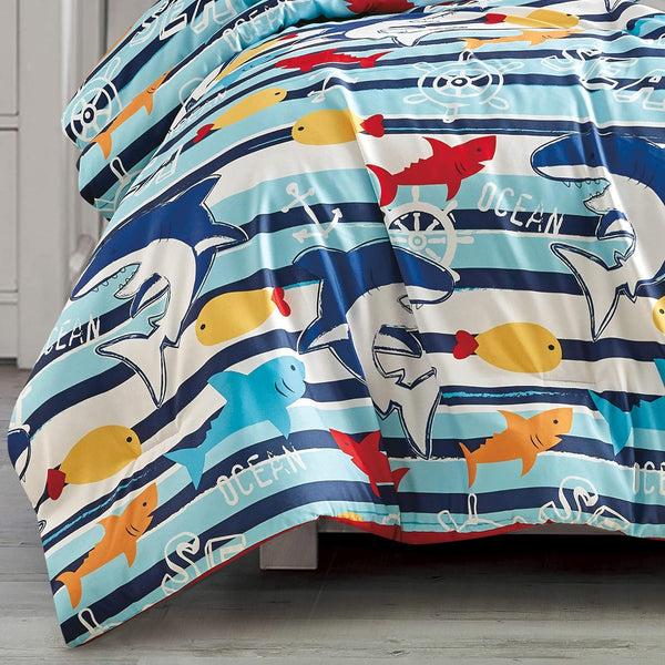 Twin Size Blue Sharks Fish Sea Life Kids Comforter Set Embroidery Soft Bedding Set