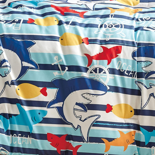 Twin Size Blue Sharks Fish Sea Life Kids Comforter Set Embroidery Soft Bedding Set