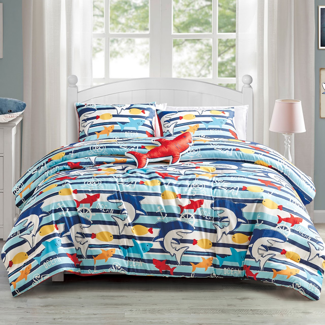 Twin Size Blue Sharks Fish Sea Life Kids Comforter Set Embroidery Soft Bedding Set