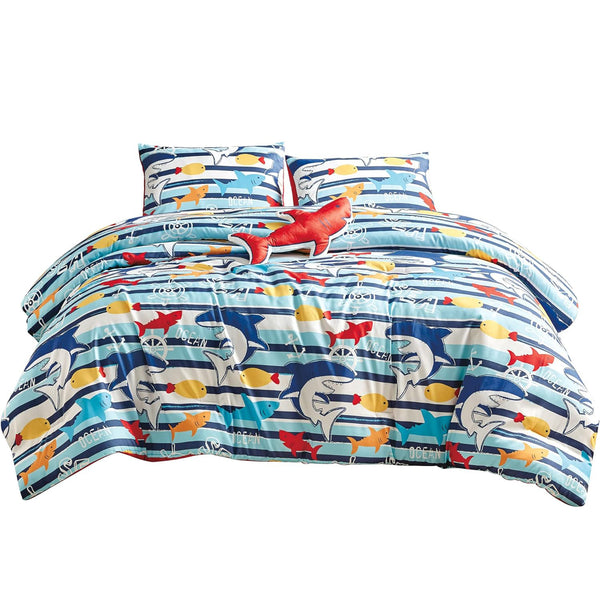 Twin Size Blue Sharks Fish Sea Life Kids Comforter Set Embroidery Soft Bedding Set