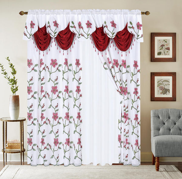 Burgundy White Luxury Floral Embroidery Rod Pocket Window Panel Attached Valance Satin Backing 2 Tie Backs Curtain Set (2 Panels)