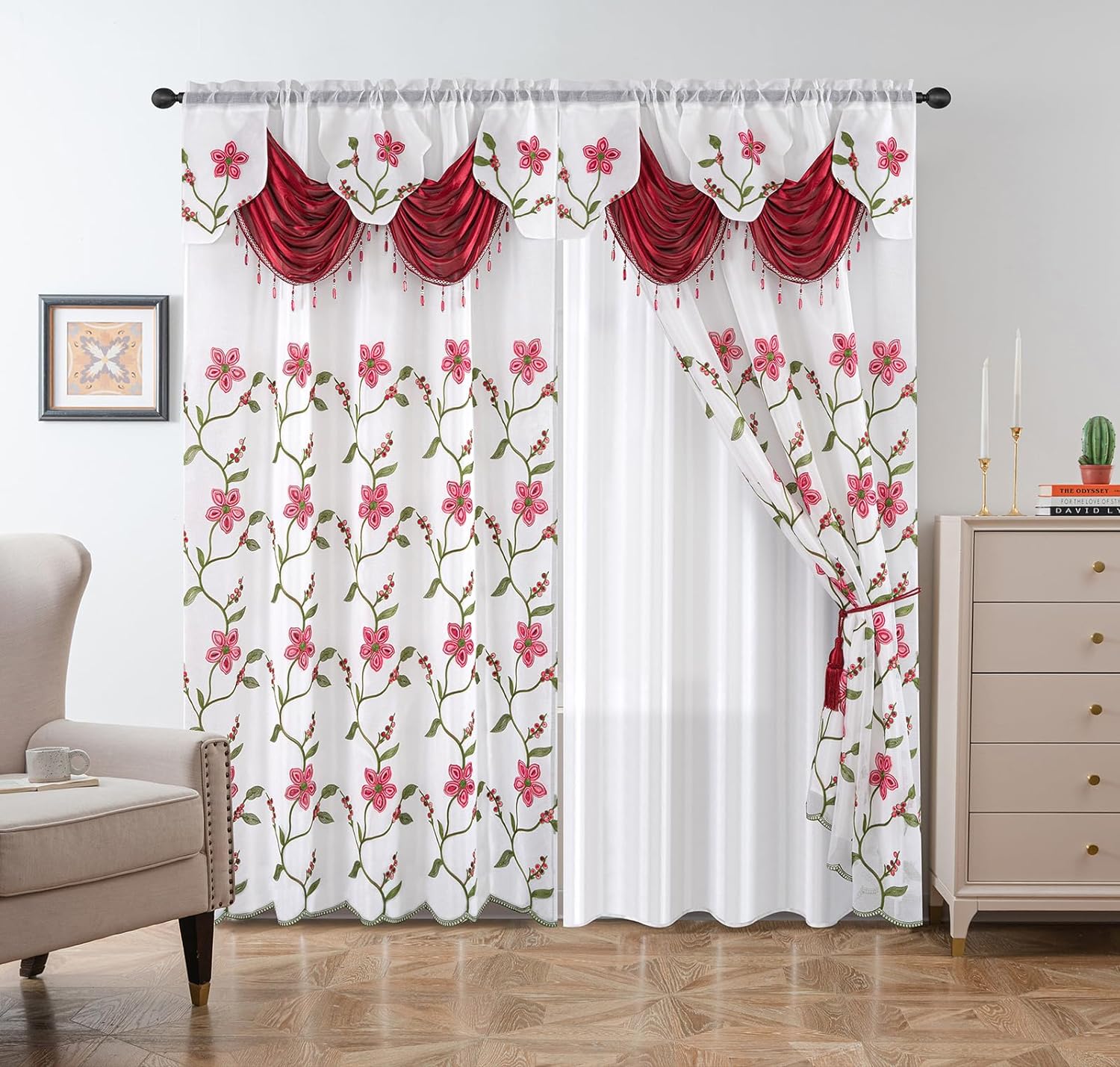 Burgundy White Luxury Floral Embroidery Rod Pocket Window Panel Attached Valance Satin Backing 2 Tie Backs Curtain Set (2 Panels)