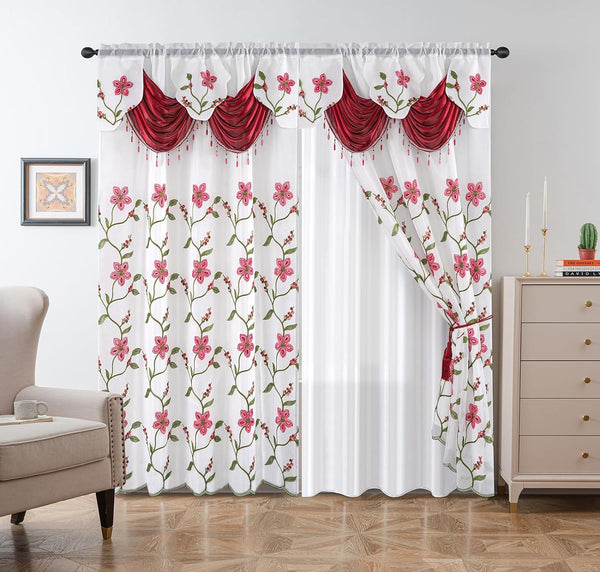 Burgundy White Luxury Floral Embroidery Rod Pocket Window Panel Attached Valance Satin Backing 2 Tie Backs Curtain Set (2 Panels)