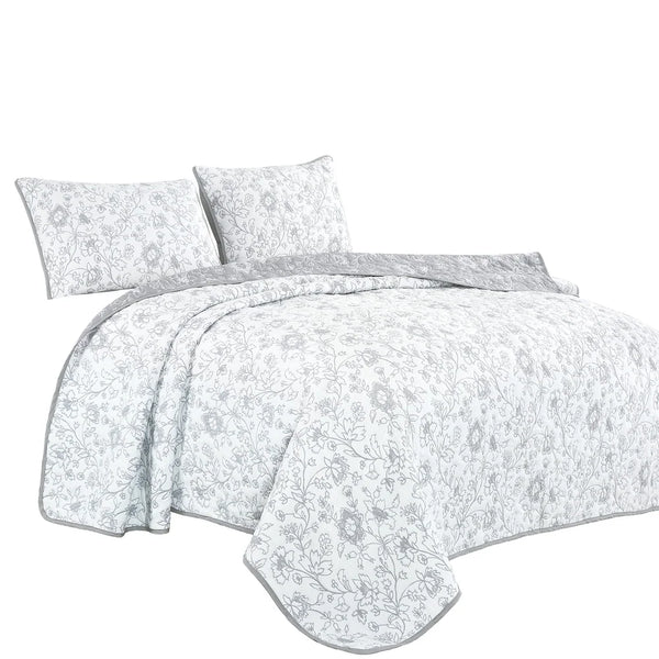 3 Piece White Grey Floral Modern Cotton Blend Quilt Bedspread