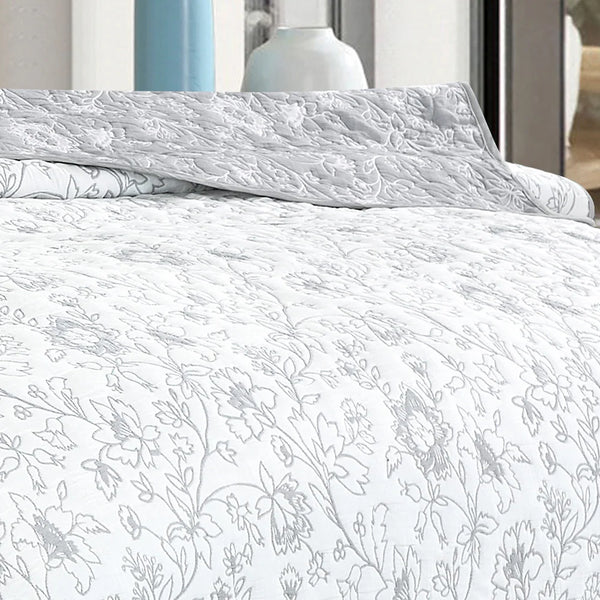 3 Piece White Grey Floral Modern Cotton Blend Quilt Bedspread