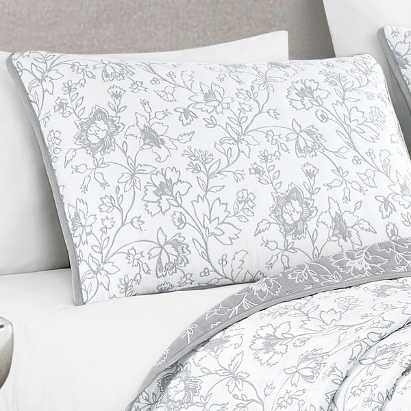 3 Piece White Grey Floral Modern Cotton Blend Quilt Bedspread