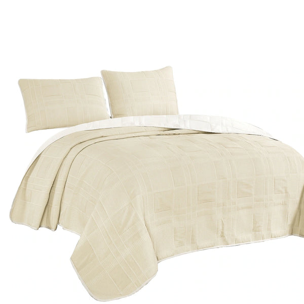 3 Piece Beige Cream Geometric Modern Cotton Blend Quilt Bedspread