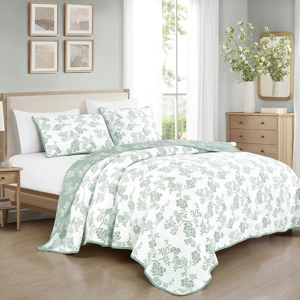 3 Piece Green White Floral Modern Cotton Blend Quilt Bedspread