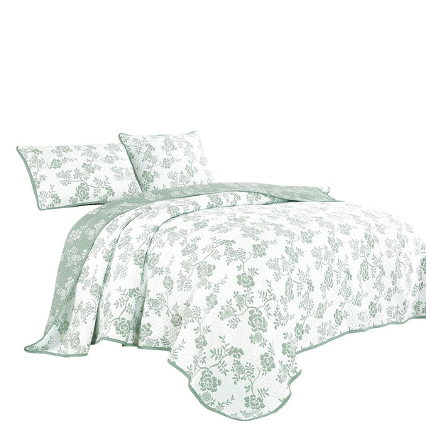 3 Piece Green White Floral Modern Cotton Blend Quilt Bedspread