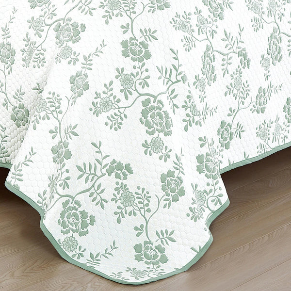 3 Piece Green White Floral Modern Cotton Blend Quilt Bedspread