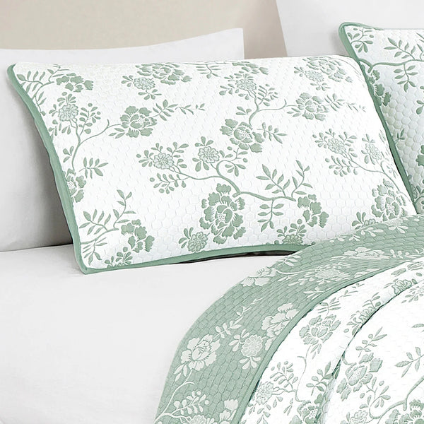 3 Piece Green White Floral Modern Cotton Blend Quilt Bedspread
