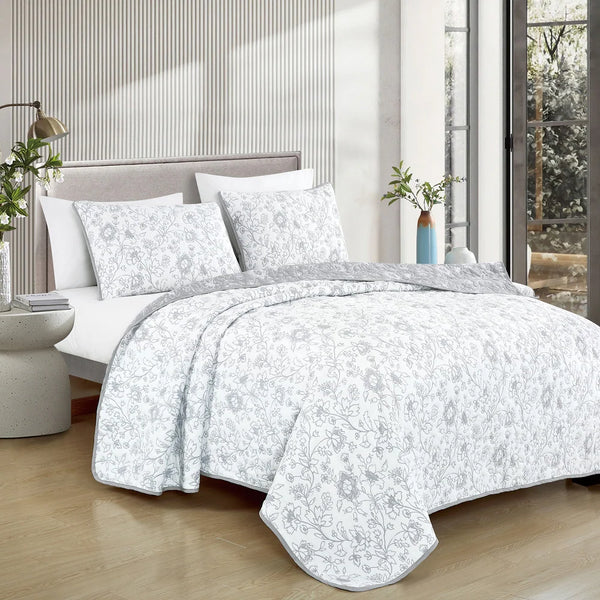 3 Piece White Grey Floral Modern Cotton Blend Quilt Bedspread
