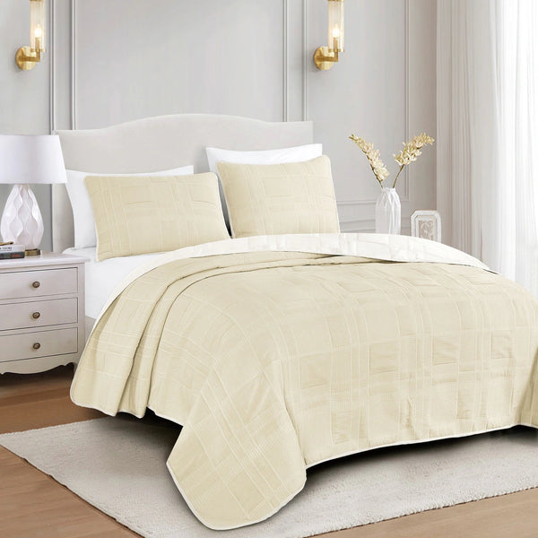 3 Piece Beige Cream Geometric Modern Cotton Blend Quilt Bedspread
