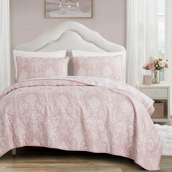 3 Piece Pink White Modern Cotton Blend Quilt Bedspread