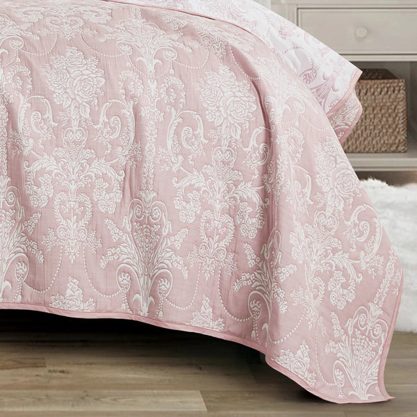 3 Piece Pink White Modern Cotton Blend Quilt Bedspread