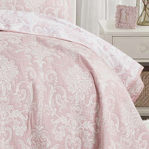 3 Piece Pink White Modern Cotton Blend Quilt Bedspread