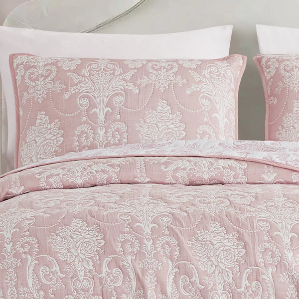 3 Piece Pink White Modern Cotton Blend Quilt Bedspread