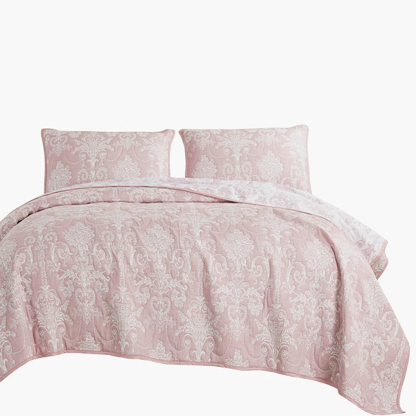 3 Piece Pink White Modern Cotton Blend Quilt Bedspread