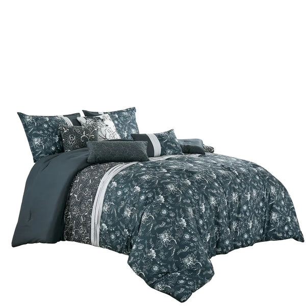 7 Piece Blue White Floral Comforter Set Soft Bedding
