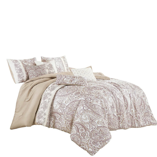 7 Piece Beige Brown Paisley Comforter Set Soft Bedding