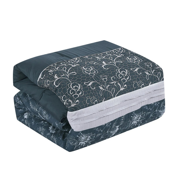 7 Piece Blue White Floral Comforter Set Soft Bedding