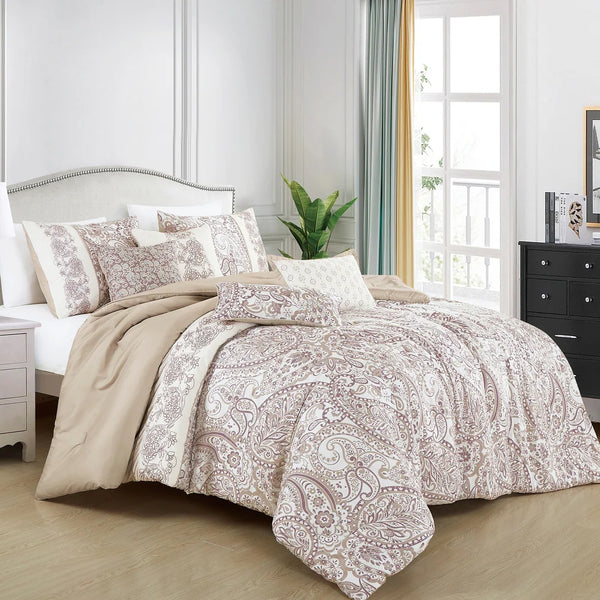 7 Piece Beige Brown Paisley Comforter Set Soft Bedding