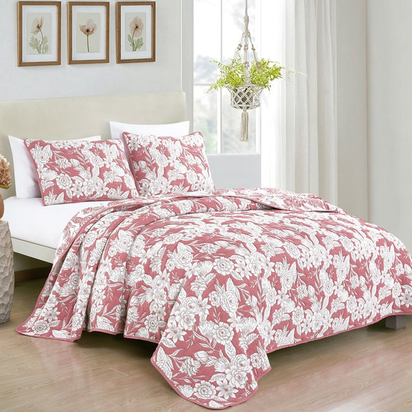 3 Piece Pink White Floral Modern Cotton Blend Quilt Bedspread