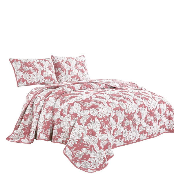 3 Piece Pink White Floral Modern Cotton Blend Quilt Bedspread