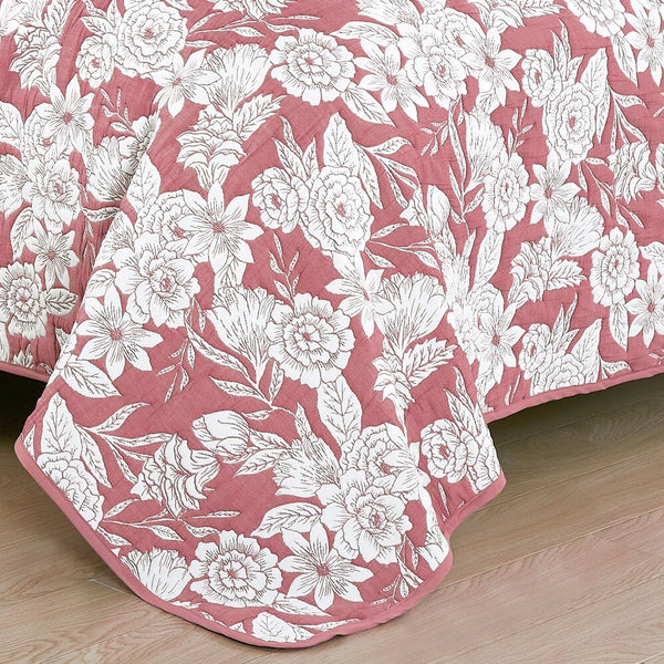 3 Piece Pink White Floral Modern Cotton Blend Quilt Bedspread
