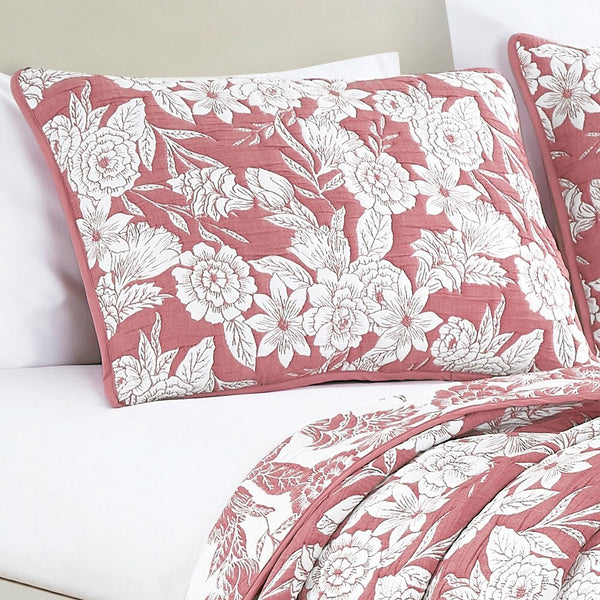 3 Piece Pink White Floral Modern Cotton Blend Quilt Bedspread