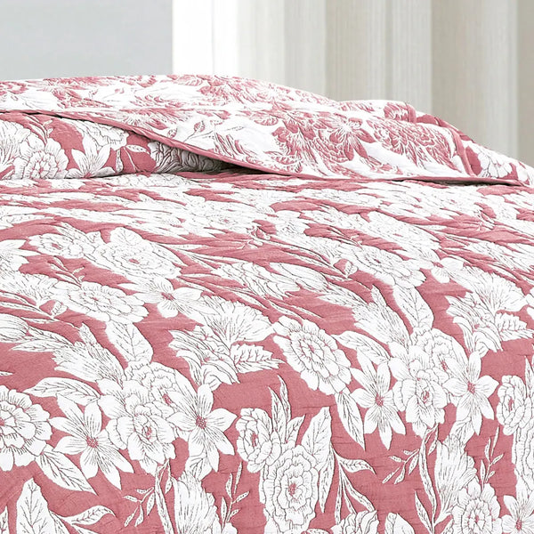 3 Piece Pink White Floral Modern Cotton Blend Quilt Bedspread