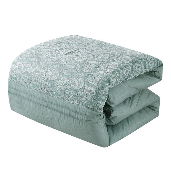 7 Piece Comforter Set Floral Embroidery Light Green Soft Bedding Set