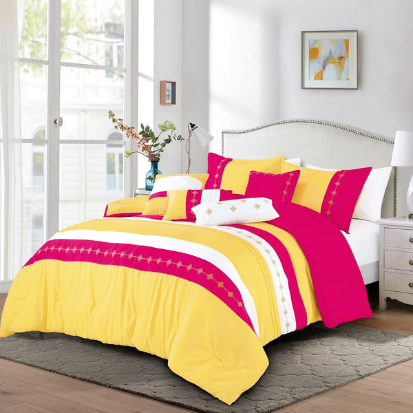 7 Piece Yellow Pink Striped Comforter Set Striped Modern Embroidery Soft Bedding