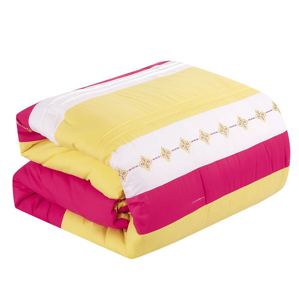 7 Piece Yellow Pink Striped Comforter Set Striped Modern Embroidery Soft Bedding