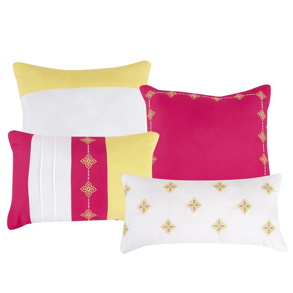 7 Piece Yellow Pink Striped Comforter Set Striped Modern Embroidery Soft Bedding