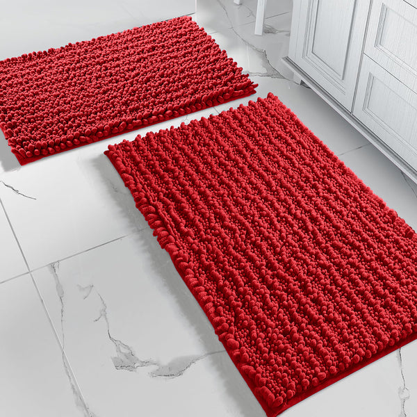 Large 2 Piece Set Red Soft Cozy Plush Chenille Bath Mat Bathroom Rug