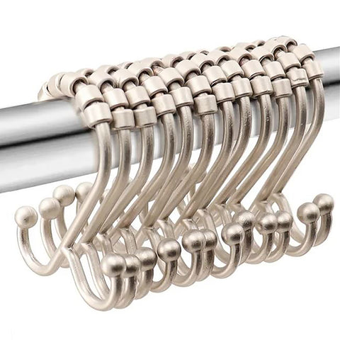 12 Piece Set - Brushed Nickel Heavy Duty Double Ear Shower Curtain Hooks Rings Rustproof Metal