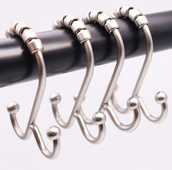 12 Piece Set - Brushed Nickel Heavy Duty Double Ear Shower Curtain Hooks Rings Rustproof Metal