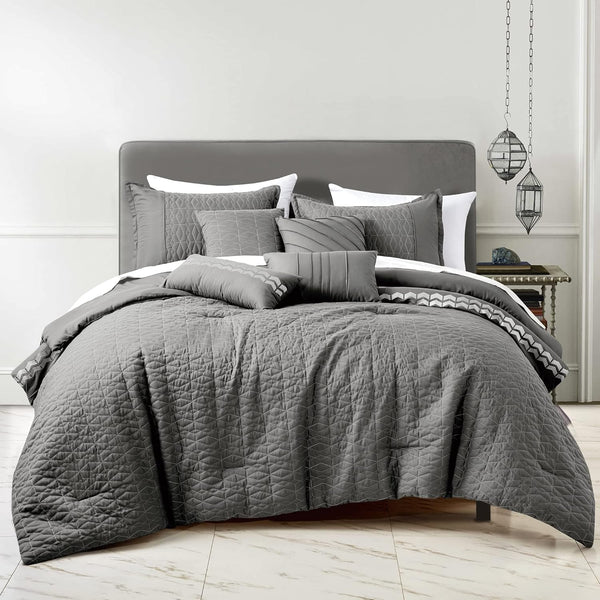 7 Piece Grey Geometric Boho Soft Bedding Comforter Set - Queen Size
