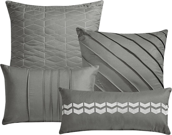 7 Piece Grey Geometric Boho Soft Bedding Comforter Set - Queen Size