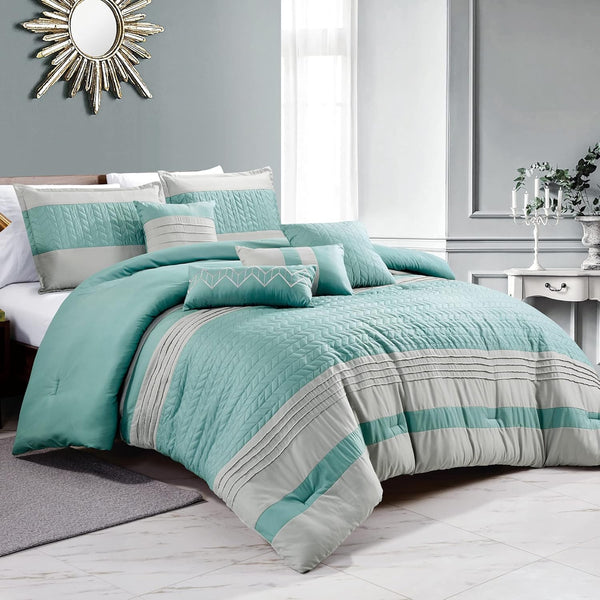 7 Piece Green Blue Grey Geometric Soft Bedding Comforter Set - Queen Size