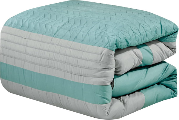 7 Piece Green Blue Grey Geometric Soft Bedding Comforter Set - Queen Size